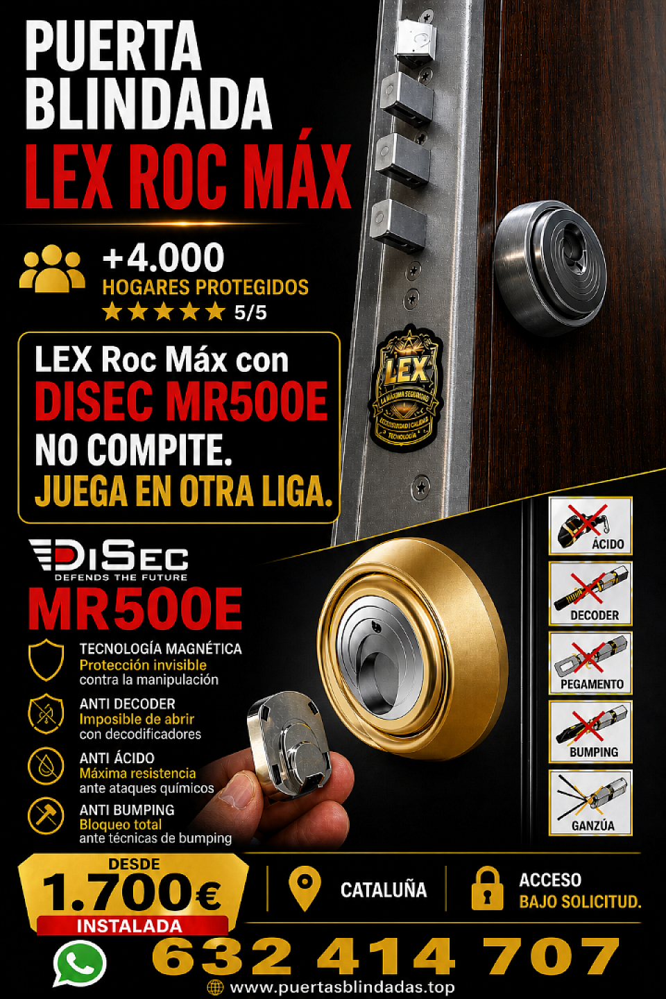 La combinación definitiva en seguridad para tu hogar. Puerta Blindada LEX Suprem  escudo magnético DISEC MR500E Diseño, resistencia y tecnología avanzada unidos en una sola instalación. Protege lo que más importa con un sistema preparado contra las técnicas de robo actuales. 💰 Pack completo desde 1.700€ 📍 Instalación en toda Cataluña ⭐ Más de 4.000 hogares ya confían en nosotros 📲 Solicita asesoramiento sin compromiso.  José Luis Comentario: De maravilla, recomendable al cien por cien, una calidad de materiales, y un trabajo de calidad inmejorable, con minuciosidad por los detalles, he quedado muy muy satisfecho con Alex. Precio calidad, muy competitivo. Muchas gracias Alex por todo, eres el mejor.!!